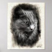 Fluffy Gray Cat Sketch - Soft Feline Portrait Art ポスター (正面)