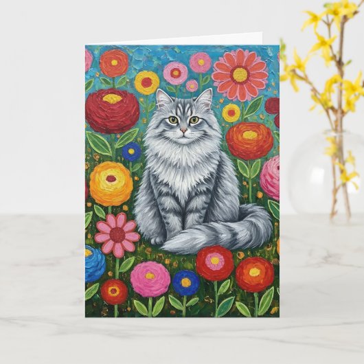 Fluffy Gray Striped Cat with Folk Art Flowers カード (黄色い花)