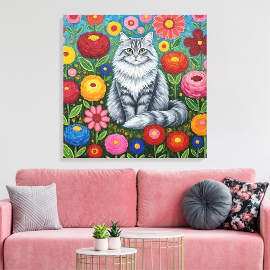 Fluffy Gray Striped Cat with Folk Art Flowers キャンバスプリント (インサイチュ (リビング))