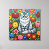 Fluffy Gray Striped Cat with Folk Art Flowers キャンバスプリント (正面)