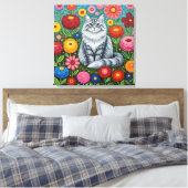 Fluffy Gray Striped Cat with Folk Art Flowers キャンバスプリント (インサイチュ (寝室))