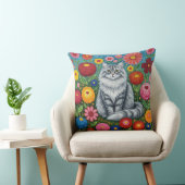 Fluffy Gray Striped Cat with Folk Art Flowers クッション (椅子)