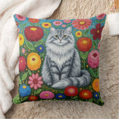 Fluffy Gray Striped Cat with Folk Art Flowers クッション (ブランケット)
