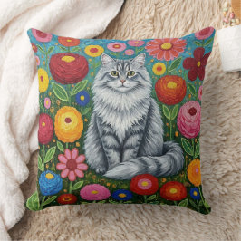 Fluffy Gray Striped Cat with Folk Art Flowers クッション