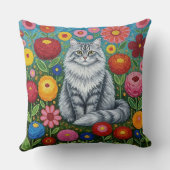 Fluffy Gray Striped Cat with Folk Art Flowers クッション (裏面)
