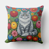 Fluffy Gray Striped Cat with Folk Art Flowers クッション (正面)