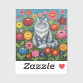 Fluffy Gray Striped Cat with Folk Art Flowers シール