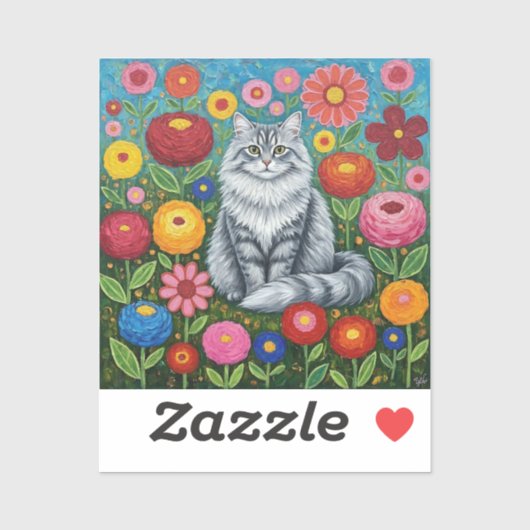 Fluffy Gray Striped Cat with Folk Art Flowers シール (シート)