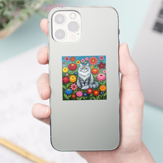 Fluffy Gray Striped Cat with Folk Art Flowers シール (スマートフォン)