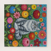 Fluffy Gray Striped Cat with Folk Art Flowers ジグソーパズル (横)