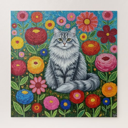 Fluffy Gray Striped Cat with Folk Art Flowers ジグソーパズル (縦)