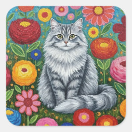 Fluffy Gray Striped Cat with Folk Art Flowers スクエアシール