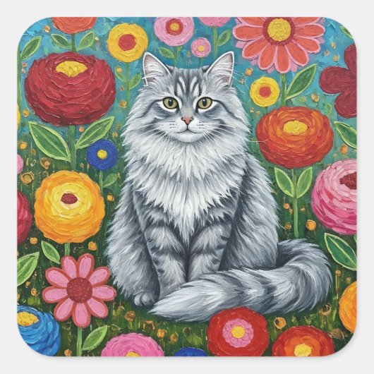 Fluffy Gray Striped Cat with Folk Art Flowers スクエアシール (正面)