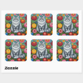 Fluffy Gray Striped Cat with Folk Art Flowers スクエアシール (シート)