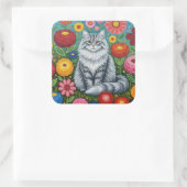 Fluffy Gray Striped Cat with Folk Art Flowers スクエアシール (バッグ)