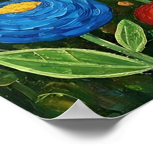 Fluffy Gray Striped Cat with Folk Art Flowers ポスター (角)