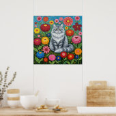 Fluffy Gray Striped Cat with Folk Art Flowers ポスター (キッチン)