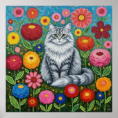 Fluffy Gray Striped Cat with Folk Art Flowers ポスター (正面)