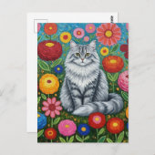 Fluffy Gray Striped Cat with Folk Art Flowers ポストカード (正面/裏面)