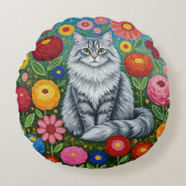 Fluffy Gray Striped Cat with Folk Art Flowers ラウンドクッション