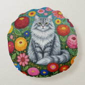 Fluffy Gray Striped Cat with Folk Art Flowers ラウンドクッション (裏面)