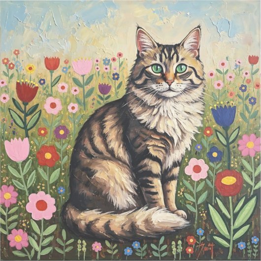 Fluffy Gray Tabby Cat and Folk Art Flowers シール (正面)