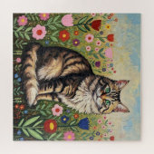 Fluffy Gray Tabby Cat and Folk Art Flowers ジグソーパズル (横)