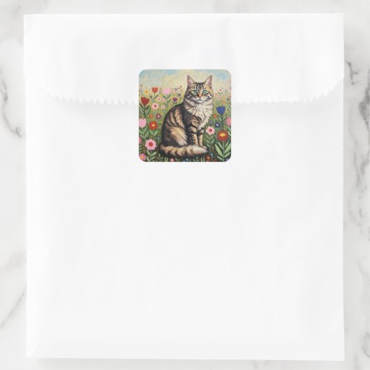 Fluffy Gray Tabby Cat and Folk Art Flowers スクエアシール (バッグ)