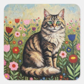 Fluffy Gray Tabby Cat and Folk Art Flowers スクエアシール (正面)