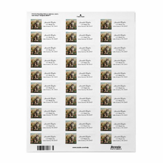 Fluffy Gray Tabby Cat and Folk Art Flowers ラベル (フルシート)