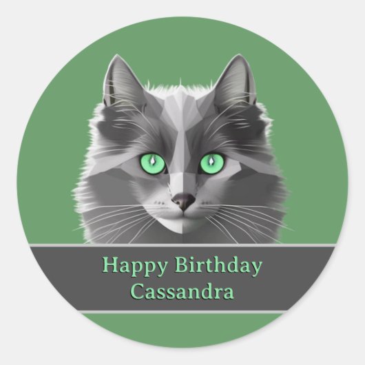 Fluffy Grey Cat and Birthday or Occasion Message ラウンドシール (正面)