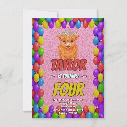 Fluffy Highland Cow Birthday Invite 招待状 (正面)