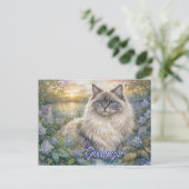 Fluffy Himalayan Cat In Purple Garden at Sunrise ポストカード (スタンド正面)