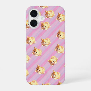 Fluffy Kitten Pink Stripe Phone Case iPhone 16ケース
