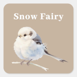 Fluffy Long-Tailed Tit Bird on Branch スクエアシール