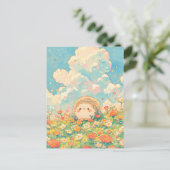 Fluffy Peach Cloud Kawaii Hedgehog Meadow ポストカード (スタンド正面)