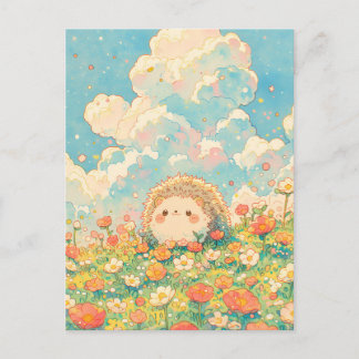 Fluffy Peach Cloud Kawaii Hedgehog Meadow ポストカード