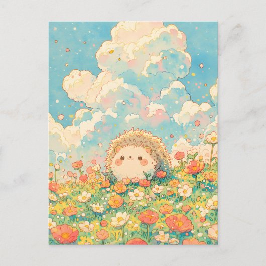 Fluffy Peach Cloud Kawaii Hedgehog Meadow ポストカード (正面)