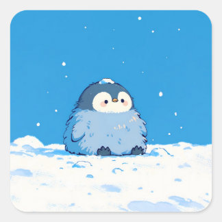 Fluffy Penguin Sitting in Winter Snow スクエアシール