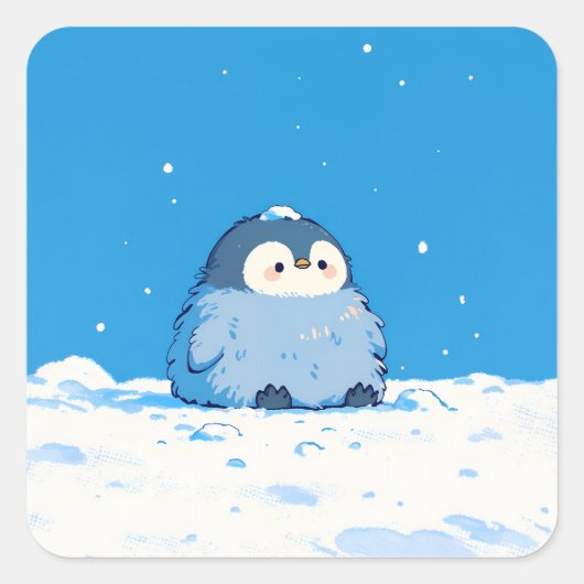 Fluffy Penguin Sitting in Winter Snow スクエアシール (正面)