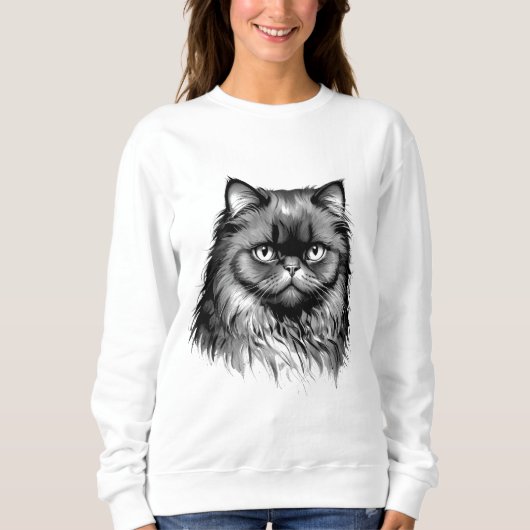 Fluffy Persian Cat Sketch Women's Sweater スウェットシャツ (正面)