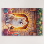Fluffy Pomeranian Cozy Christmas Fireplace Dog Art ジグソーパズル (横)