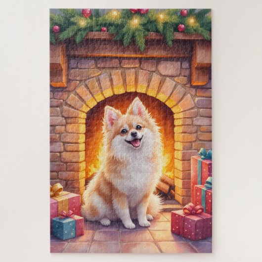 Fluffy Pomeranian Cozy Christmas Fireplace Dog Art ジグソーパズル (縦)