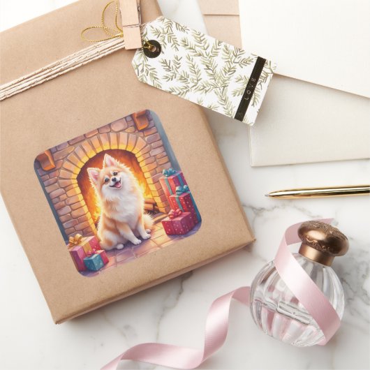 Fluffy Pomeranian Cozy Christmas Fireplace Dog Art スクエアシール (ギフト)