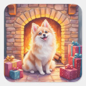 Fluffy Pomeranian Cozy Christmas Fireplace Dog Art スクエアシール (正面)