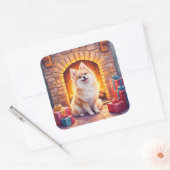 Fluffy Pomeranian Cozy Christmas Fireplace Dog Art スクエアシール (封筒)