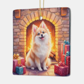 Fluffy Pomeranian Cozy Christmas Fireplace Dog Art セラミックオーナメント (左)