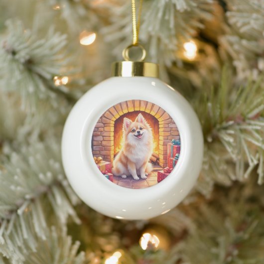Fluffy Pomeranian Cozy Christmas Fireplace Dog Art セラミックボールオーナメント (ツリー)