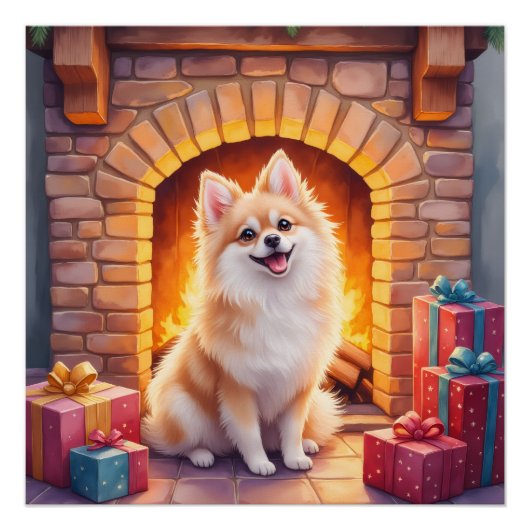 Fluffy Pomeranian Cozy Christmas Fireplace Dog Art ポスター (正面)