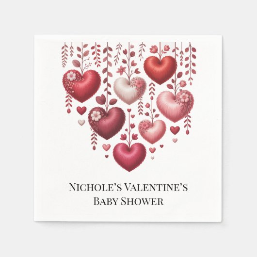 Fluffy Red Floral Heart Baby Shower スタンダードカクテルナプキン (正面)